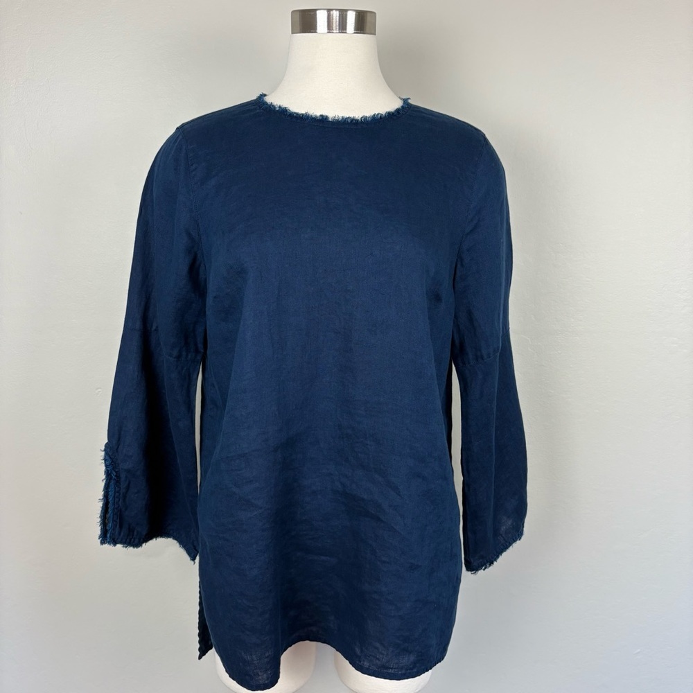J. Jill Love Linen Navy Blue Tunic Top Size S‎ Fringed Coastal Resortwear Modest